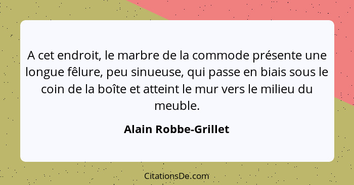 A cet endroit, le marbre de la commode présente une longue fêlure, peu sinueuse, qui passe en biais sous le coin de la boîte et... - Alain Robbe-Grillet