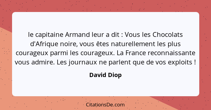 le capitaine Armand leur a dit : Vous les Chocolats d'Afrique noire, vous êtes naturellement les plus courageux parmi les courageux.... - David Diop