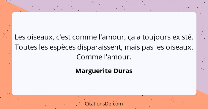 Les oiseaux, c'est comme l'amour, ça a toujours existé. Toutes les espèces disparaissent, mais pas les oiseaux. Comme l'amour.... - Marguerite Duras