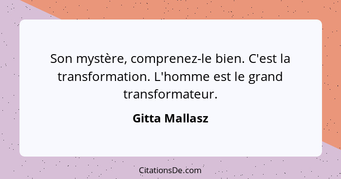 Son mystère, comprenez-le bien. C'est la transformation. L'homme est le grand transformateur.... - Gitta Mallasz