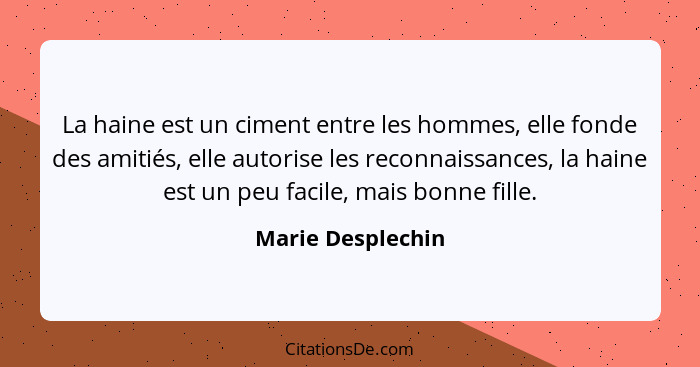 La haine est un ciment entre les hommes, elle fonde des amitiés, elle autorise les reconnaissances, la haine est un peu facile, mai... - Marie Desplechin