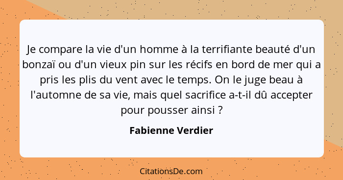 Je compare la vie d'un homme à la terrifiante beauté d'un bonzaï ou d'un vieux pin sur les récifs en bord de mer qui a pris les pli... - Fabienne Verdier