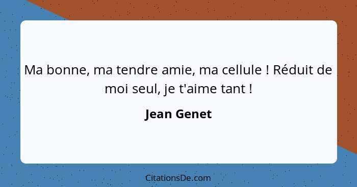 Ma bonne, ma tendre amie, ma cellule ! Réduit de moi seul, je t'aime tant !... - Jean Genet