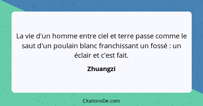 La vie d'un homme entre ciel et terre passe comme le saut d'un poulain blanc franchissant un fossé : un éclair et c'est fait.... - Zhuangzi