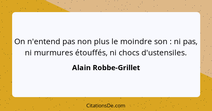 On n'entend pas non plus le moindre son : ni pas, ni murmures étouffés, ni chocs d'ustensiles.... - Alain Robbe-Grillet