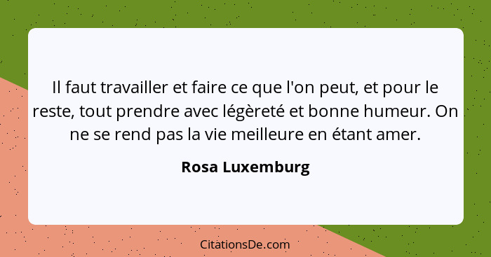 Il faut travailler et faire ce que l'on peut, et pour le reste, tout prendre avec légèreté et bonne humeur. On ne se rend pas la vie... - Rosa Luxemburg