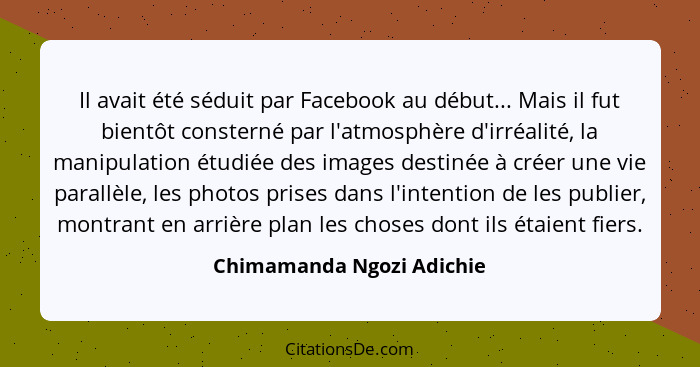 Il avait été séduit par Facebook au début... Mais il fut bientôt consterné par l'atmosphère d'irréalité, la manipulation ét... - Chimamanda Ngozi Adichie