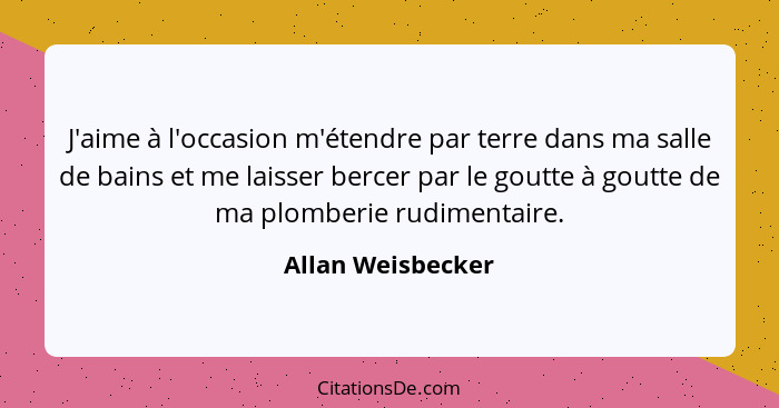 J'aime à l'occasion m'étendre par terre dans ma salle de bains et me laisser bercer par le goutte à goutte de ma plomberie rudiment... - Allan Weisbecker