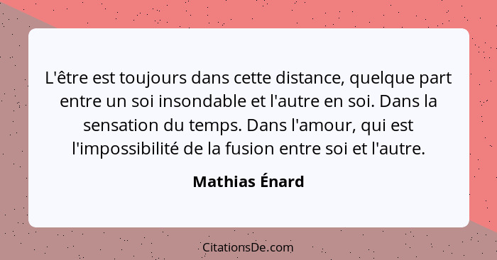 L'être est toujours dans cette distance, quelque part entre un soi insondable et l'autre en soi. Dans la sensation du temps. Dans l'am... - Mathias Énard