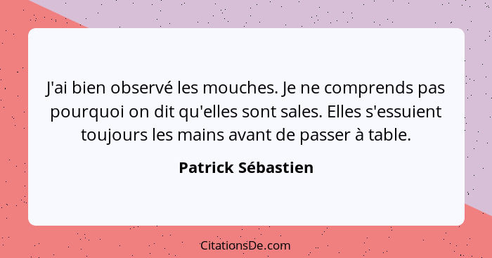 J'ai bien observé les mouches. Je ne comprends pas pourquoi on dit qu'elles sont sales. Elles s'essuient toujours les mains avant... - Patrick Sébastien