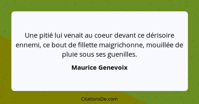 Une pitié lui venait au coeur devant ce dérisoire ennemi, ce bout de fillette maigrichonne, mouillée de pluie sous ses guenilles.... - Maurice Genevoix