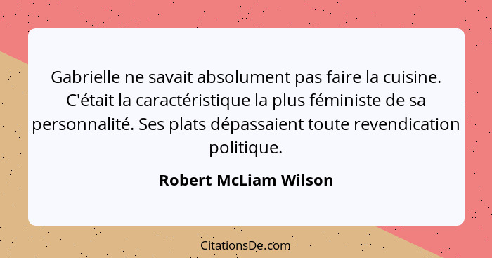 Gabrielle ne savait absolument pas faire la cuisine. C'était la caractéristique la plus féministe de sa personnalité. Ses plats... - Robert McLiam Wilson