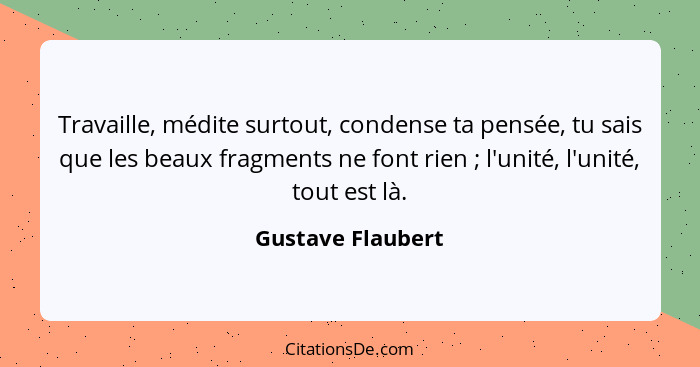 Travaille, médite surtout, condense ta pensée, tu sais que les beaux fragments ne font rien ; l'unité, l'unité, tout est là.... - Gustave Flaubert