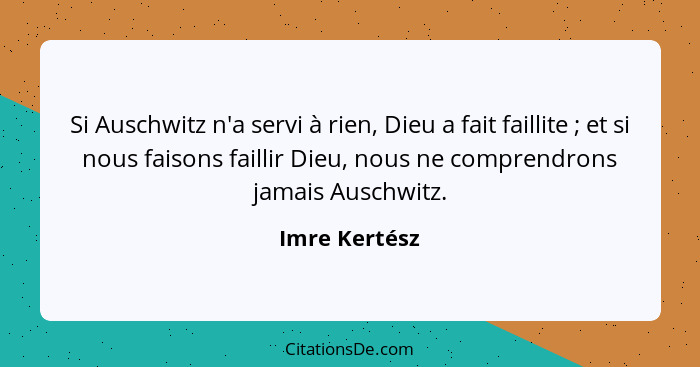 Si Auschwitz n'a servi à rien, Dieu a fait faillite ; et si nous faisons faillir Dieu, nous ne comprendrons jamais Auschwitz.... - Imre Kertész