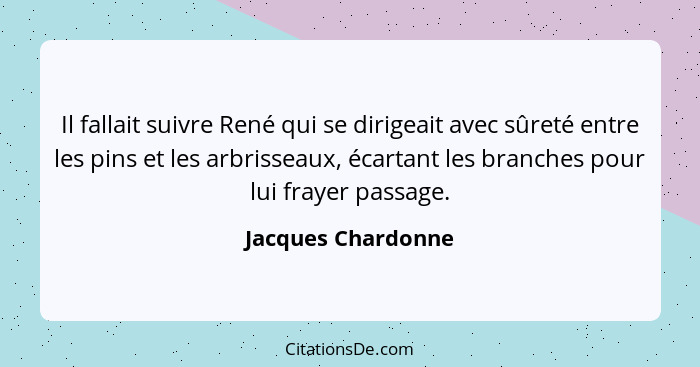 Il fallait suivre René qui se dirigeait avec sûreté entre les pins et les arbrisseaux, écartant les branches pour lui frayer passa... - Jacques Chardonne