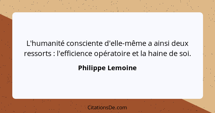 L'humanité consciente d'elle-même a ainsi deux ressorts : l'efficience opératoire et la haine de soi.... - Philippe Lemoine