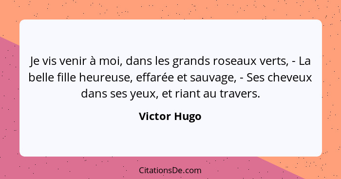 Je vis venir à moi, dans les grands roseaux verts, - La belle fille heureuse, effarée et sauvage, - Ses cheveux dans ses yeux, et riant... - Victor Hugo