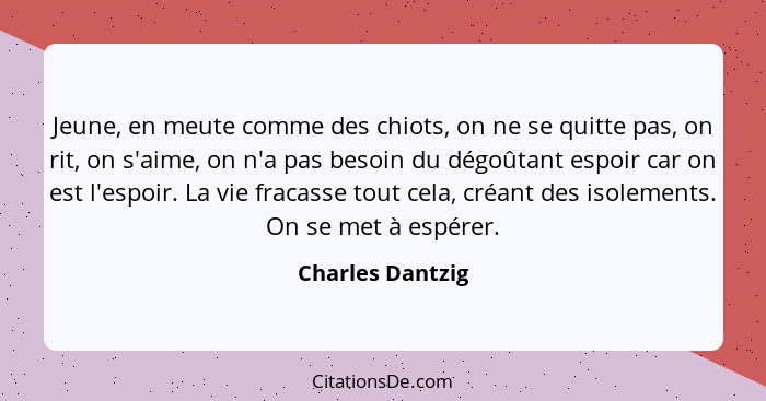 Jeune, en meute comme des chiots, on ne se quitte pas, on rit, on s'aime, on n'a pas besoin du dégoûtant espoir car on est l'espoir.... - Charles Dantzig