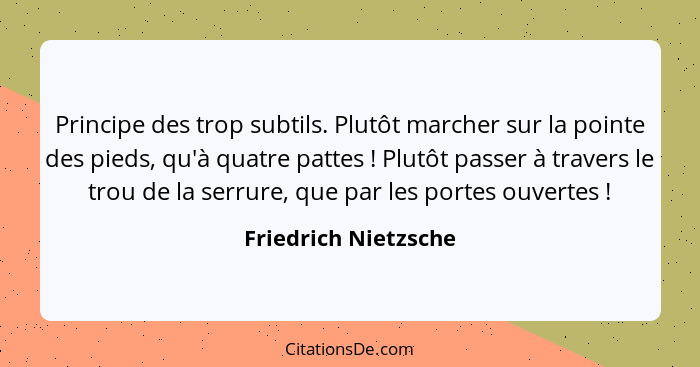 Principe des trop subtils. Plutôt marcher sur la pointe des pieds, qu'à quatre pattes ! Plutôt passer à travers le trou de... - Friedrich Nietzsche