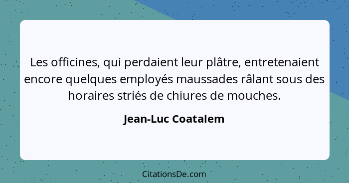 Les officines, qui perdaient leur plâtre, entretenaient encore quelques employés maussades râlant sous des horaires striés de chiu... - Jean-Luc Coatalem