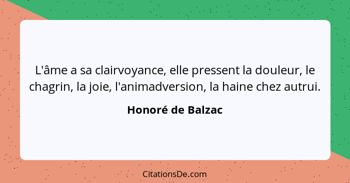 L'âme a sa clairvoyance, elle pressent la douleur, le chagrin, la joie, l'animadversion, la haine chez autrui.... - Honoré de Balzac