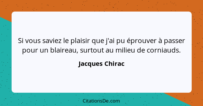 Si vous saviez le plaisir que j'ai pu éprouver à passer pour un blaireau, surtout au milieu de corniauds.... - Jacques Chirac