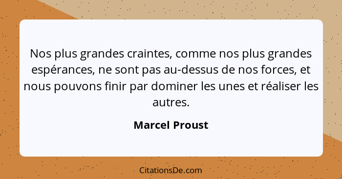 Nos plus grandes craintes, comme nos plus grandes espérances, ne sont pas au-dessus de nos forces, et nous pouvons finir par dominer l... - Marcel Proust