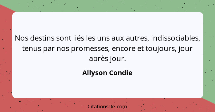 Nos destins sont liés les uns aux autres, indissociables, tenus par nos promesses, encore et toujours, jour après jour.... - Allyson Condie