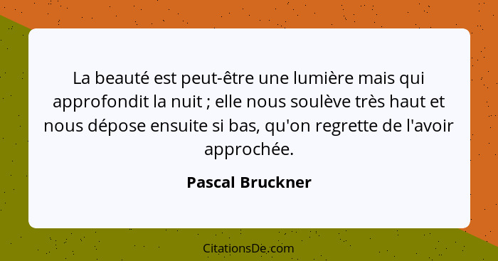 La beauté est peut-être une lumière mais qui approfondit la nuit ; elle nous soulève très haut et nous dépose ensuite si bas, q... - Pascal Bruckner