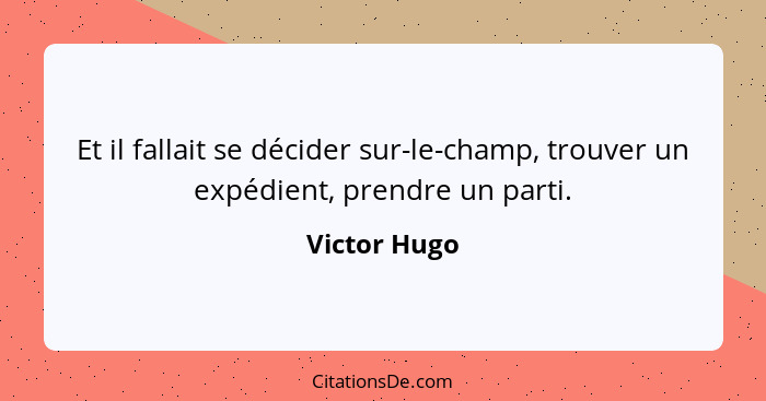 Et il fallait se décider sur-le-champ, trouver un expédient, prendre un parti.... - Victor Hugo