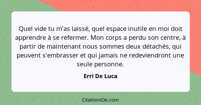 Quel vide tu m'as laissé, quel espace inutile en moi doit apprendre à se refermer. Mon corps a perdu son centre, à partir de maintenant... - Erri De Luca