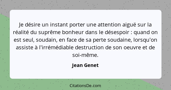 Je désire un instant porter une attention aiguë sur la réalité du suprême bonheur dans le désespoir : quand on est seul, soudain, en... - Jean Genet