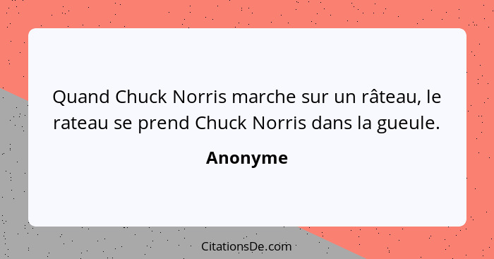 Quand Chuck Norris marche sur un râteau, le rateau se prend Chuck Norris dans la gueule.... - Anonyme