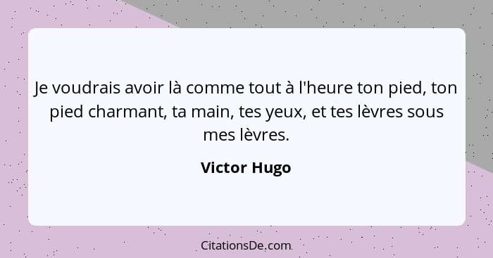 Je voudrais avoir là comme tout à l'heure ton pied, ton pied charmant, ta main, tes yeux, et tes lèvres sous mes lèvres.... - Victor Hugo