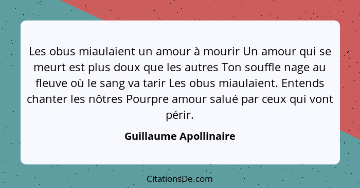 Les obus miaulaient un amour à mourir Un amour qui se meurt est plus doux que les autres Ton souffle nage au fleuve où le sang... - Guillaume Apollinaire