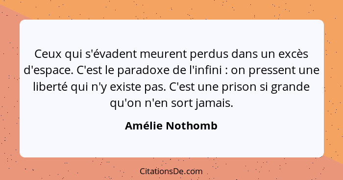 Ceux qui s'évadent meurent perdus dans un excès d'espace. C'est le paradoxe de l'infini : on pressent une liberté qui n'y existe... - Amélie Nothomb