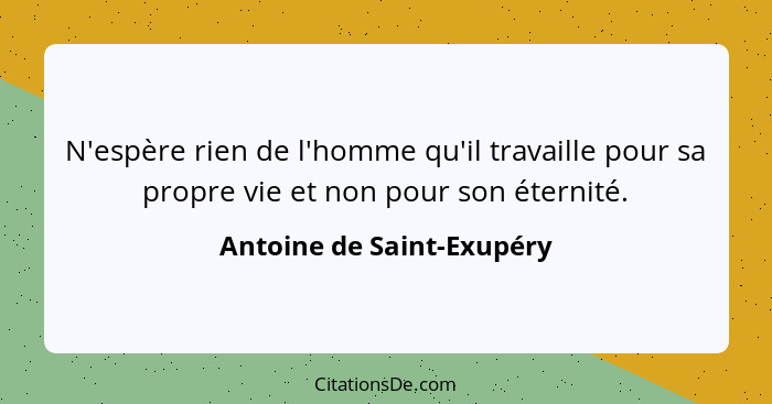 N'espère rien de l'homme qu'il travaille pour sa propre vie et non pour son éternité.... - Antoine de Saint-Exupéry