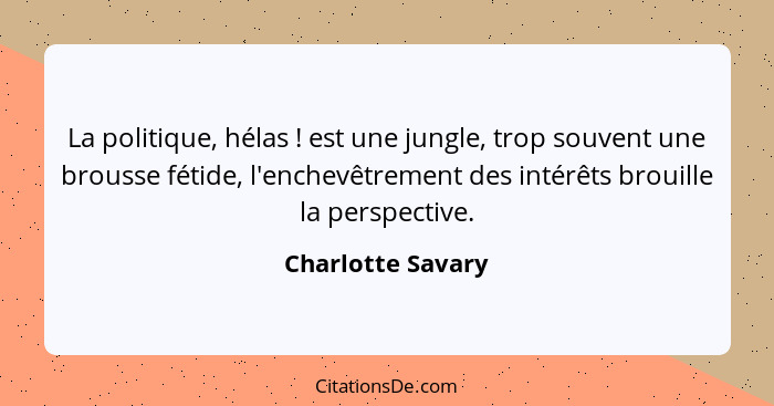 La politique, hélas ! est une jungle, trop souvent une brousse fétide, l'enchevêtrement des intérêts brouille la perspective.... - Charlotte Savary