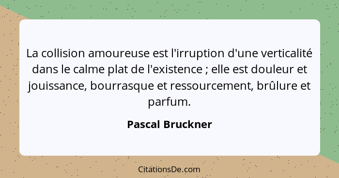 La collision amoureuse est l'irruption d'une verticalité dans le calme plat de l'existence ; elle est douleur et jouissance, bo... - Pascal Bruckner