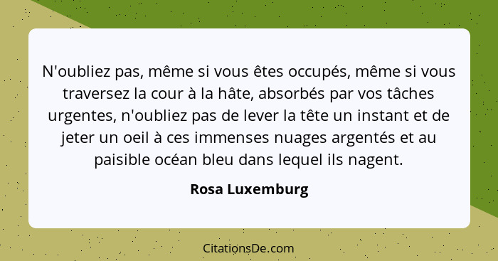 N'oubliez pas, même si vous êtes occupés, même si vous traversez la cour à la hâte, absorbés par vos tâches urgentes, n'oubliez pas d... - Rosa Luxemburg