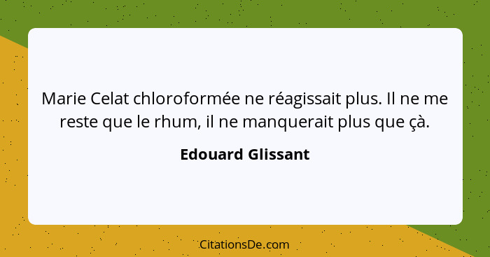 Marie Celat chloroformée ne réagissait plus. Il ne me reste que le rhum, il ne manquerait plus que çà.... - Edouard Glissant