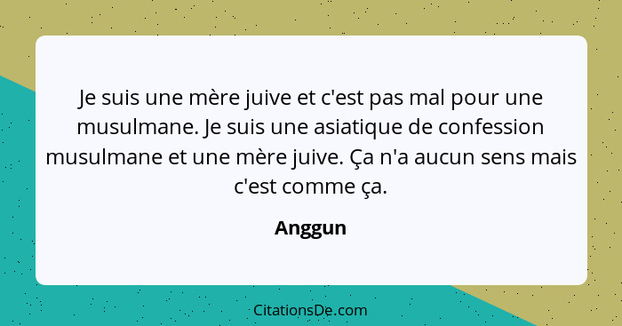 Je suis une mère juive et c'est pas mal pour une musulmane. Je suis une asiatique de confession musulmane et une mère juive. Ça n'a aucun sen... - Anggun