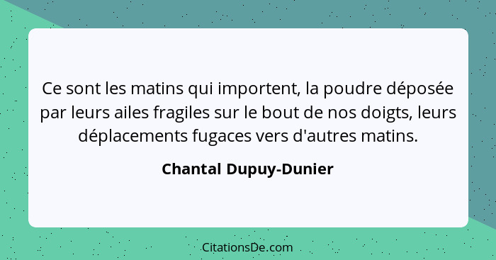 Ce sont les matins qui importent, la poudre déposée par leurs ailes fragiles sur le bout de nos doigts, leurs déplacements fuga... - Chantal Dupuy-Dunier