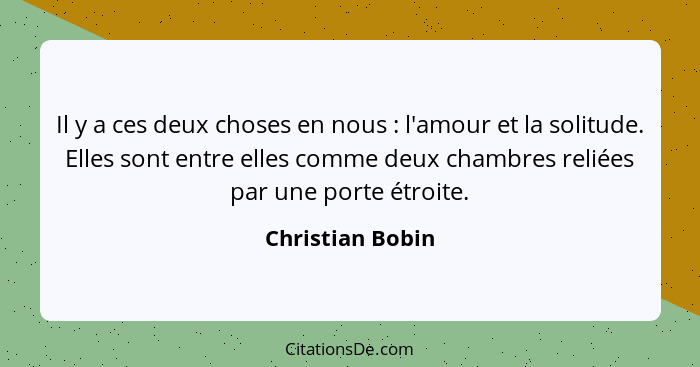 Il y a ces deux choses en nous : l'amour et la solitude. Elles sont entre elles comme deux chambres reliées par une porte étroi... - Christian Bobin