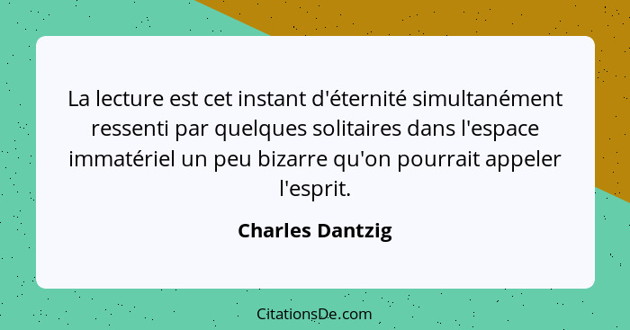 La lecture est cet instant d'éternité simultanément ressenti par quelques solitaires dans l'espace immatériel un peu bizarre qu'on p... - Charles Dantzig