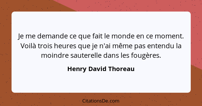 Je me demande ce que fait le monde en ce moment. Voilà trois heures que je n'ai même pas entendu la moindre sauterelle dans les... - Henry David Thoreau