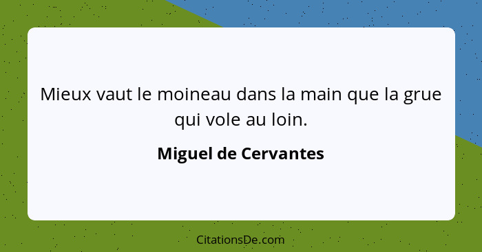 Mieux vaut le moineau dans la main que la grue qui vole au loin.... - Miguel de Cervantes