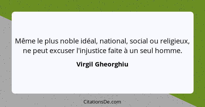 Même le plus noble idéal, national, social ou religieux, ne peut excuser l'injustice faite à un seul homme.... - Virgil Gheorghiu