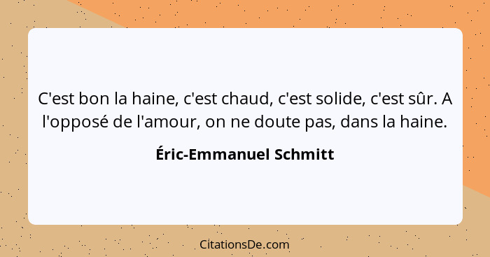 C'est bon la haine, c'est chaud, c'est solide, c'est sûr. A l'opposé de l'amour, on ne doute pas, dans la haine.... - Éric-Emmanuel Schmitt