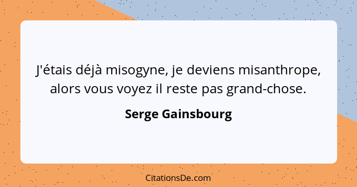 J'étais déjà misogyne, je deviens misanthrope, alors vous voyez il reste pas grand-chose.... - Serge Gainsbourg